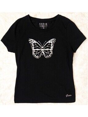 Vintage Y2K Guess Graphic Baby Tee T Shirt Black Butterfly Embellished Jewel